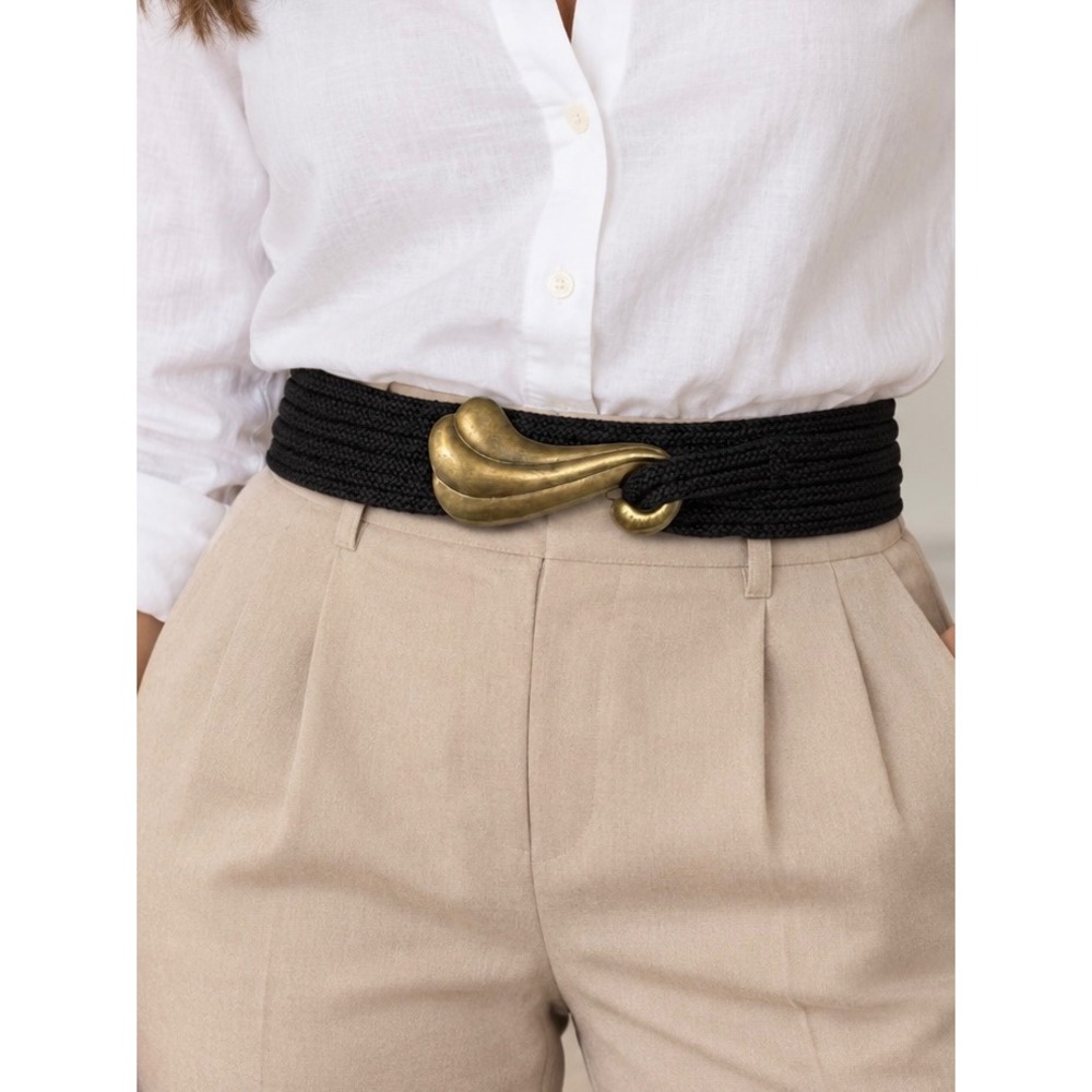 Rafael Sanchez Vintage Black Braided Cord Belt Sculptural Brass Buckle Gold Tone